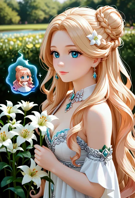 able to use magic, masterpiece, 8k,1girl, cute chibi character, long flowing hair in a bun, elegant lily flower, water magic, character design, low exposure, zircon, water magic character design, canon of flowers, very long hair