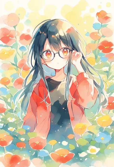 Watercolor colorful,sarada,girl,,solo,black hair,spicky long hair,glasses,black shirt,red jacket with black linning,in flowers,sarada uchiha