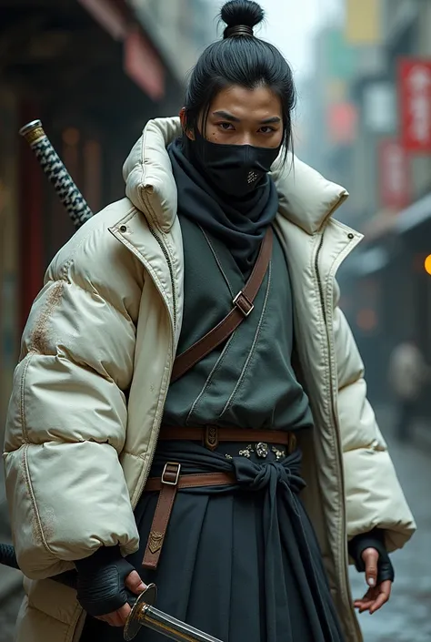 A 20 years old boy in old white Puffer jacket and katana sword on belt and samurai Mask covering only face and wear short 
