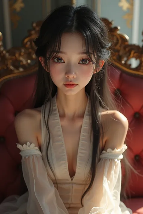  Top Quality, Face focus,  soft light,  super high resolution , ( Photorealistic :1.4), RAW photos, 1Japanese girl, Alone,  cute , ( student, twinkle),  Detailed Beautiful Face , (),( high-resolution human skin texture), ( long hair in the castle), sitting...