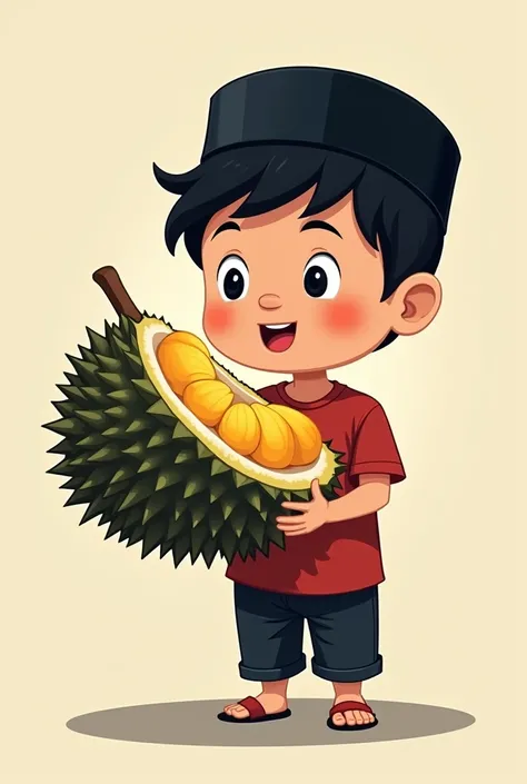 A cartoon Malay boy with a black songkok on his head holding a black thorn durian with flesh