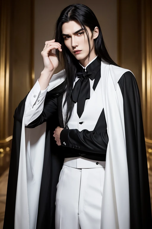  tall young slender man with perfect slender appearance and a handsome face,   Long Black Hair ,  yellow eyes, Beautiful black eyebrows, vampire, There is a thoughtful expression on his face , Wearing a white shirt and a black cape, There is a dagger in hi...