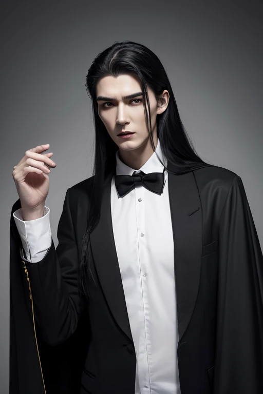  tall young slender man with perfect slender appearance and a handsome face,   Long Black Hair ,  yellow eyes, Beautiful black eyebrows, vampire, There is a thoughtful expression on his face , Wearing a white shirt and a black cape, There is a dagger in hi...