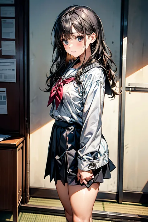 masterpiece,  best quality,  high definition ,  accurate human body、Knowledgeable person、Correct five fingers, long wavy hair , skirt and shirt,  gray skirt ,Japanese school girl uniform, wearing  Japanese school uniform ,  Japanese school uniform ,  cute ...