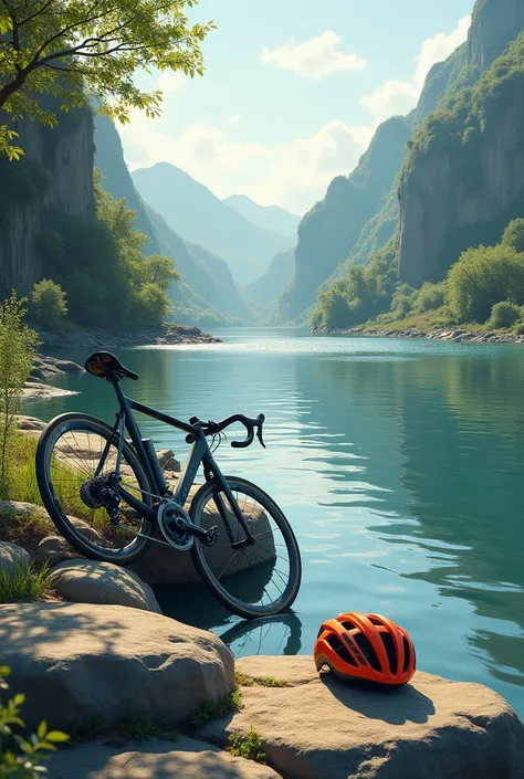 a bicycle helmet lying on a sloping rock on the bank of a wide, clear, rocky river with calm, shallow water. The surrounding cliffs are bushy and overgrown with trees. in the afternoon. a road bike fell, propped against the rocks. viewpoint from beside the...