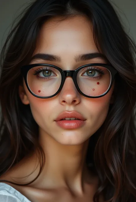 Believe me a girl with Latin and Peruvian features with an oval face,  round eyes and dark brown hair . Besides,  has three dots on her right cheek and wears glasses.