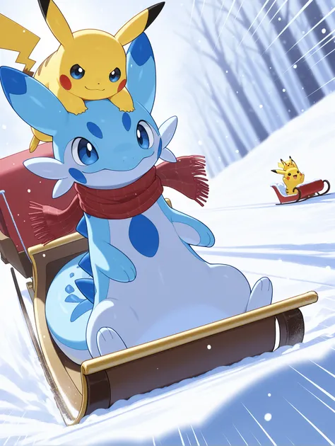 no humans, Chillet_Palworld, feral, light blue fur, blue eyes, white underbelly, blue back spikes, blue chest markings, blue spots, blue-tipped ears, whiskers, long animal ears, scarf, long tail, pikachu on head, sled, sledding, snow, sitting, snowing, win...