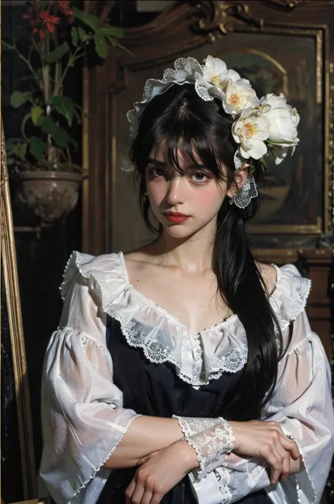 (Oil painting: 1.5),



A woman with long black hair, (a detailed painting: 0.353), (Gothic art: 0.106), Dress