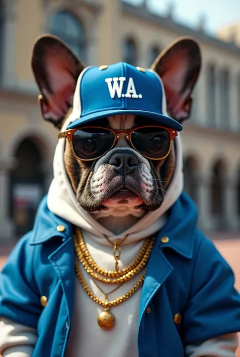 Hip hop French bull dog, big french bull dog, rapper French bull dog, Boston terrier colors, sunglasses, fresh fitted hat that says "W.A.", gold chains, trendy clothes, trendy fashion, outfit is blue and white, Academy background, 