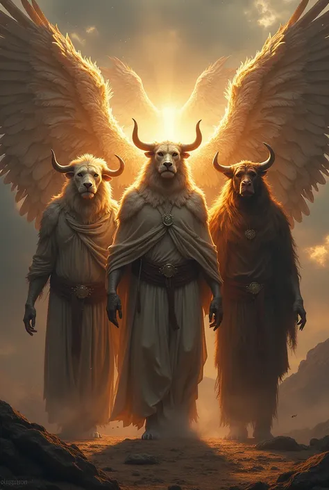  Ezekiel 1 , 10
Seen from the front ,  the four beings looked human ,  but the right side of their body was the face of a lion,  and their left side , bull face . . The four also had the face of an eagle .
