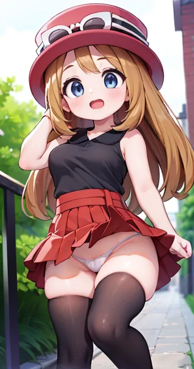 (best quality, highres, masterpiece:1.2), (high quality image) (masterpiece) (vibrant colors, ultra-detailed, realistic:1.37, sketches, body shape, blode hair, fullbody, curvy body, wide hips, perfect eyes:1.2, detailed eyes:1.4, eyewear on head, hat, skir...