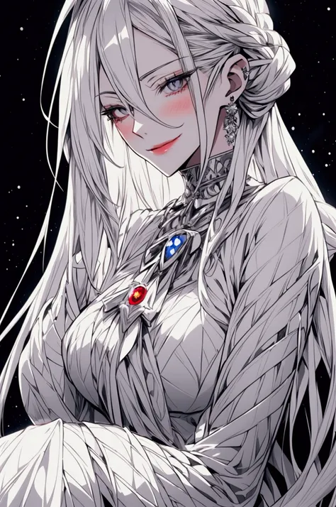 Create a detailed anime illustration of a mature woman with long silver-white hair, icy grey eyes, high cheekbones, sharp chin, slender and lithe body with curves, dressed in a regal white gown, cherry lips curled up slightly in a sad smile. 