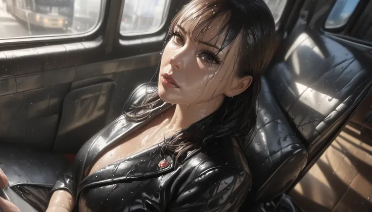 A beautiful woman, 29 years old, long brown hair, wearing a black pencil skirt suit, sitting on a subway seat, with dog ears, (best quality, 4k, 8k, highres, masterpiece:1.2), ultra-detailed, (realistic, photorealistic, photo-realistic:1.37), (medium:1.4),...