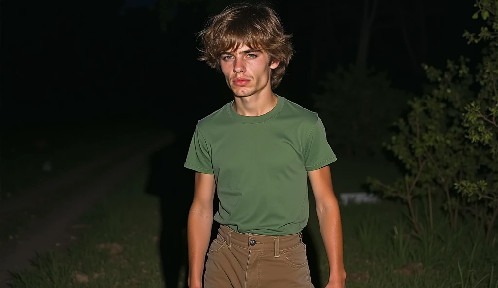 Shaggy Rogers: Young Man, shaggy medium brown hair, green t-shirt and baggy brown pants, fair skin, messy brown strands, vibrant round brown eyes, lean, sloppy body, compact body Photo taken at night, 1970s dark fantasy aesthetic , human and animal, live a...