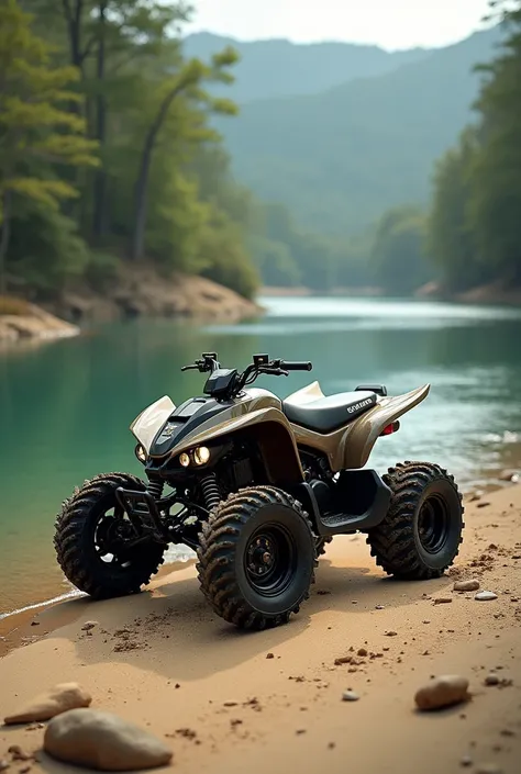 Quad bike on the sand next to the river without people