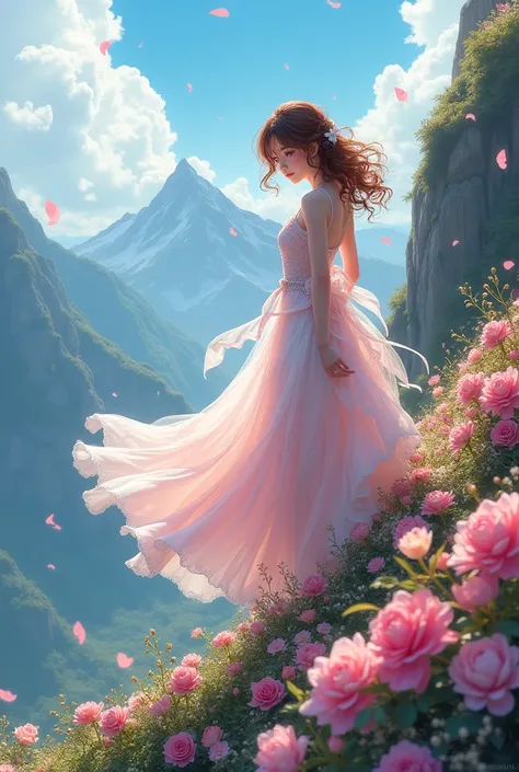 Generate an anime woman climbing a mountain with lots of flowers wearing a pink and white dress with very white skin and curly brown hair
