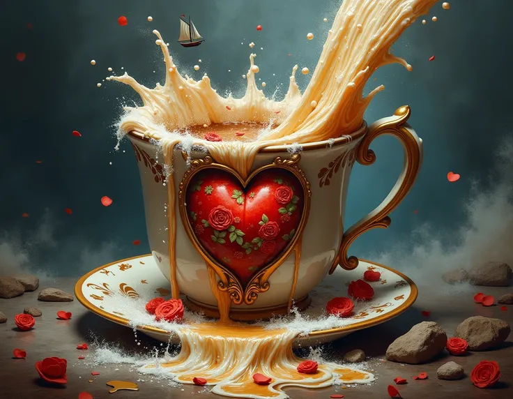 " A giant cup ,  a broken part and a large waterfall of cappuccino .  leaking inside the cup in Arte Last a drawing of a heart and a flower . In the scene a sailboat approaches the heart .  intricate details, HDR, beautifully filmed, hyperrealistic, sharp ...