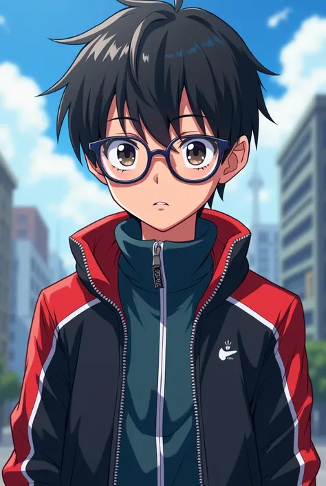 Anime news reporter  boy wearing a jacket and glasses no bg