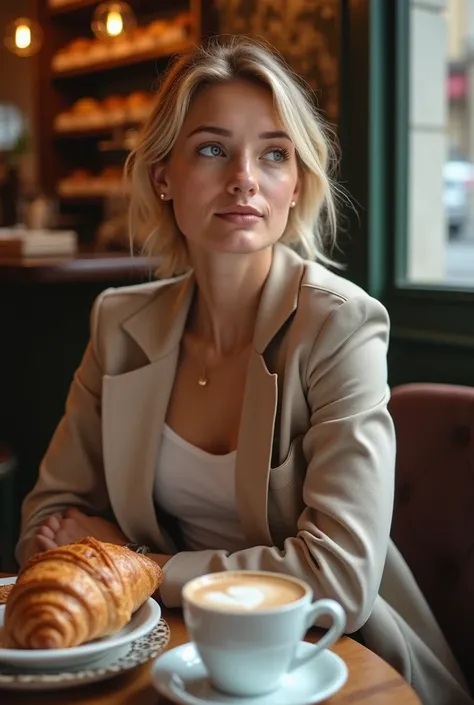 A portrait of a 20-year-old Brazilian woman from the southern region of Brazil, seated at a cozy bakery in Paris. She has blonde hair styled neatly, fair skin, and a fit, graceful demeanor. She is wearing a chic outfit, such as a tailored coat over a light...