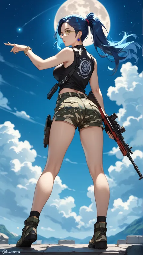 soldier girl, UHD,  blue hair,  ponytail, cabello muy largo, breasts, Earrings,  blue eyes ,  yellow eyes, bright eyes,  lunar under the eye , From behind, From behind, with glasses,  on a background with clouds and the moon, night, with camouflage shorts ...