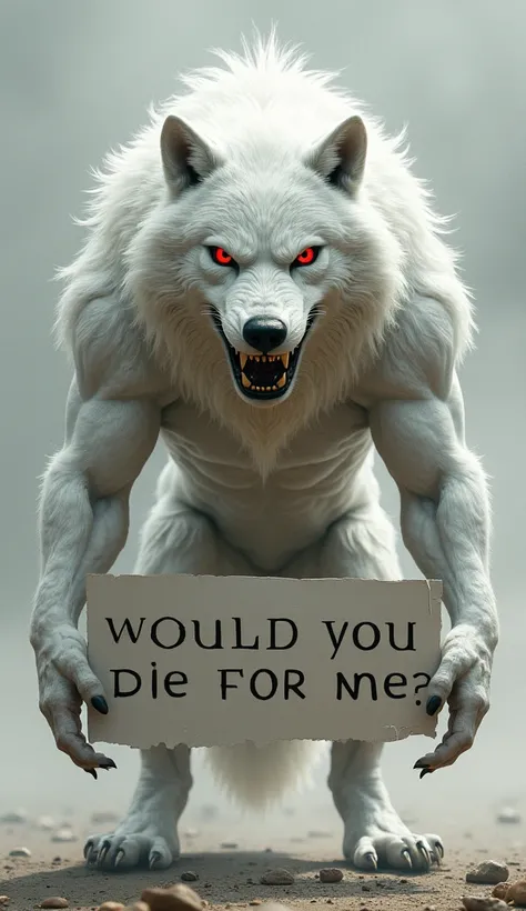 Death wolf, male muscular adult, red eyes, white fur, Looking at the viewer, Holds a sign with text. Would you die for me?Riso, Dentes, Obra-prima, 