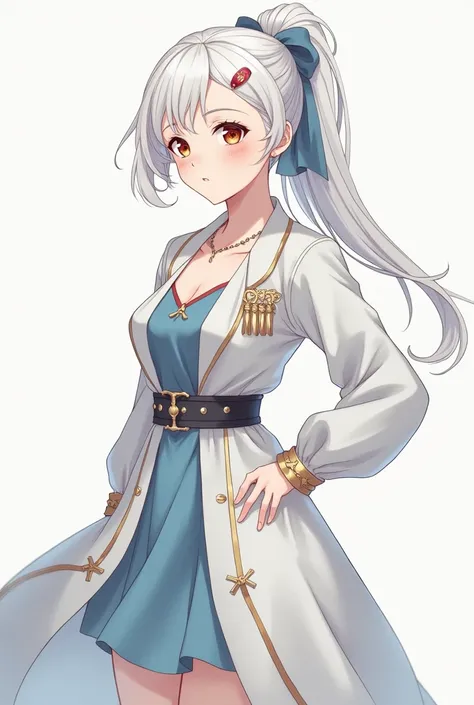 an anime girl Hair: Long and snow-white, tied in an elegant ponytail with a stylish ribbon, reflecting her refined and practical taste.
Eyes: Vividly toned like the sunset, blending shades of gold and red, conveying both warmth and mystery.
Skin: Pale and ...