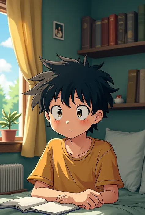 A boy with black, wavy hair in his room, anime studio Ghibli, Stadium Ghibli version, 19 year old boy, Studio Ghibli anime, howls castle