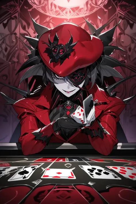 A gothic incubus sitting near a poker table dealing out cards for blackjack. This Incubus wears an eyepatch, a clean red suit, and wears a fancy beret.