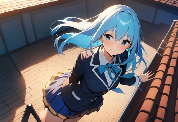 aqua, konosuba, long hair, school uniform suit, 1 girl, best quality, masterpiece, motion, warm lighting, gentle smile, looking away, kind, full body, school rooftop, motion, absurdres, reaching_out