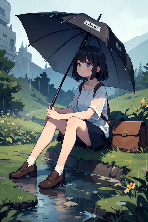 Masterpiece, best quality, A girl in the rain sitting high on a mountain