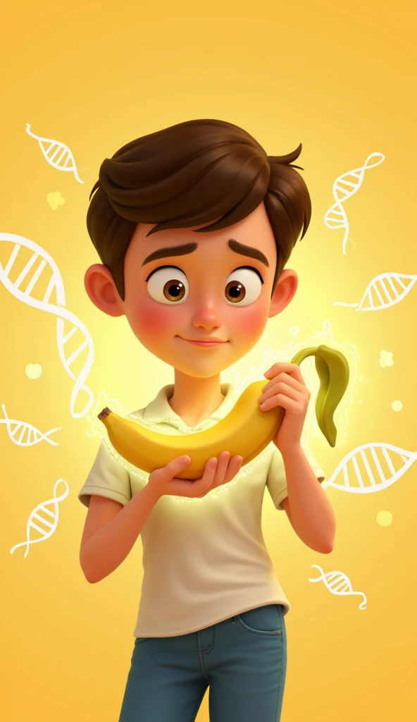 An animated human eating a banana with a thoughtful expression, surrounded by a visual representation of the DNA strands that subtly float around. The background should be cheerful and lighthearted, with a glowing aura around the banana, symbolizing the co...