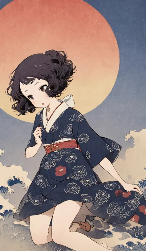 1 girl tiny body, large head, little fat, little smile, half open mouth, brown eyes, forehead, black curly hair, low twintails hair, dot pattern long-skirt, medium tits, legs, sunrise, shy, looking away, Katsushika Hokusai: ukiyo-e style