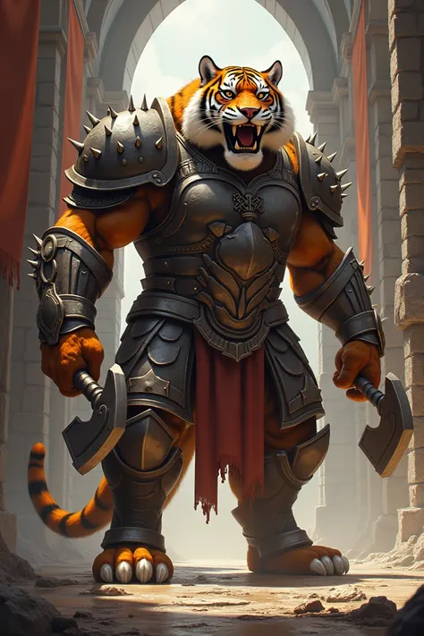  Imagine a Tiger with war axes on its paws and a spiny armor .  massive and imposing ,  with its body covered with defined muscles and eyes shining with determination.  He is in the middle of a grand medieval castle , with stone walls,  Gothic windows and ...