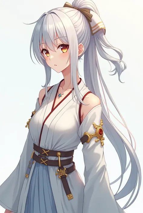 an anime girl Hair: Long and snow-white, tied in an elegant ponytail with a stylish ribbon, reflecting her refined and practical taste.
Eyes: Vividly toned like the sunset, blending shades of gold and red, conveying both warmth and mystery.
Skin: Pale and ...