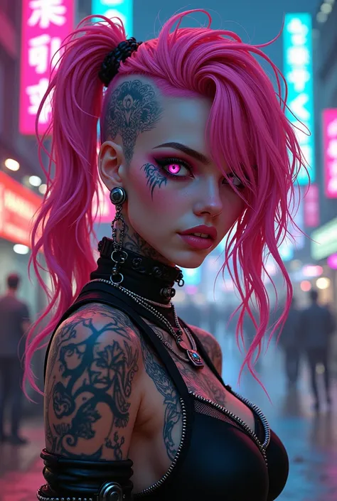 Acid-punk rock, incredibly beautiful witch humanoide woman with elaborate tattoos and cybernetic armor, rim-light, slight smile, steampunk, cyberpunk, 1980s inspired, highly detailed neon art nouveau, stylized art, fantastically beautiful illustration, sha...