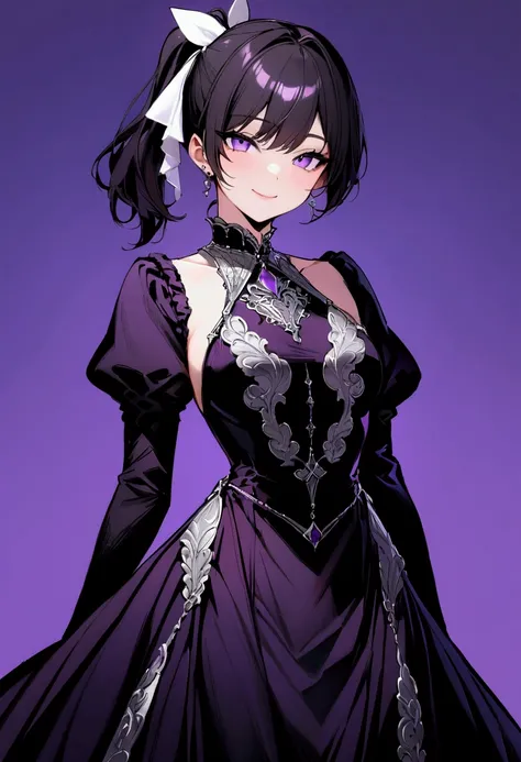 (masterpiece),(absurdres),solo lady,(23-year-old),shiny black hair,shiny purple eyes,short highponytail,(1white ribbon;1.1),(middle breast:0.5),(silver detailed),(silver detailed),(Gothic dress:1.1)、smile,cowboy shot,(Simple purple background:1.1),