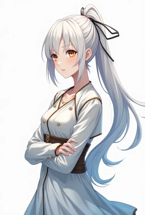 an anime girl Hair: Long and snow-white, tied in an elegant ponytail with a stylish ribbon, reflecting her refined and practical taste.
Eyes: Vividly toned like the sunset, blending shades of gold and red, conveying both warmth and mystery.
Skin: Pale and ...