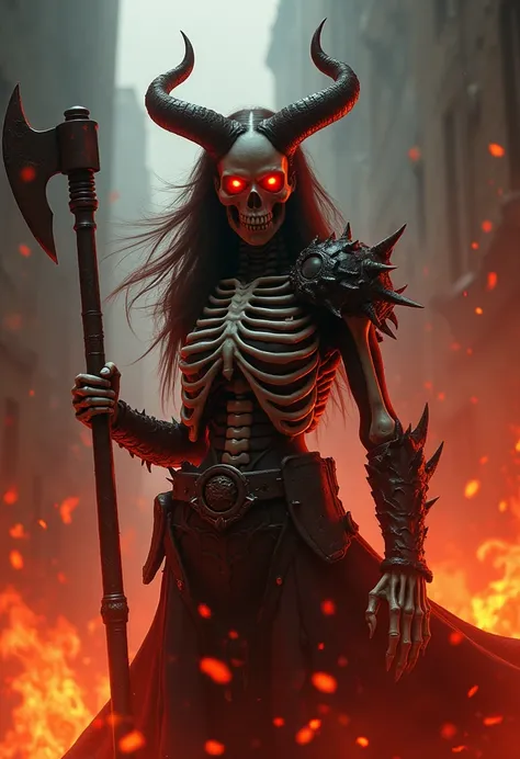 Female devil horns，Claws，battleaxe，Spooky environment，dentes pontiagudos，Berserker，full bodyesbian，Powerful aura，A strong sense of oppression，incredibly detailed，Red-eyed skeleton，The flames of hell are raging，Skeleton Legion，Ultra photo realsisim