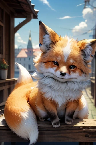 masterpiece， best quality， high definition ，8ｋ， detailed，cute，Chibi character，((Personification:1.5))， Baby Fox ，beautiful，Beautiful，Fluffy coat，Smiling face，(Small ears），