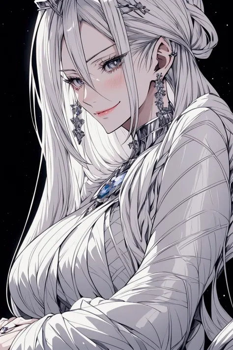 Create a detailed anime illustration of a mature woman with long silver-white hair, icy grey eyes, high cheekbones, sharp chin, slender and lithe body with curves, dressed in a regal white gown, lips curled up slightly in a sad smile. 