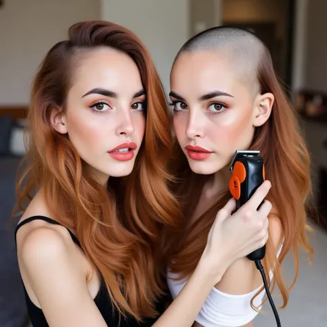 Twin women with long dark hair, (((they are half way through shaving each-others heads completely bald))), parts of their heads are shaved bald. ((They are looking at the viewer excitedly)), (((each is holding a hair clipper to the others head, shaving the...