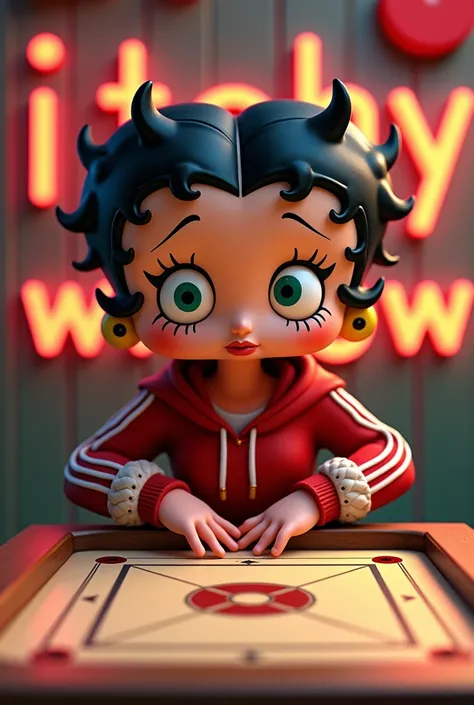 betty boop wearing a sports set hoodie is playing carrom and it says "itchy widow" in the background full