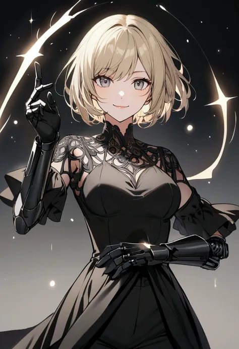 girl, Light blonde hair,Short hair, Black pants,  black shirt, Wear black gloves, Gray eyes, Prosthetic arm. medium breasts,A cool smile