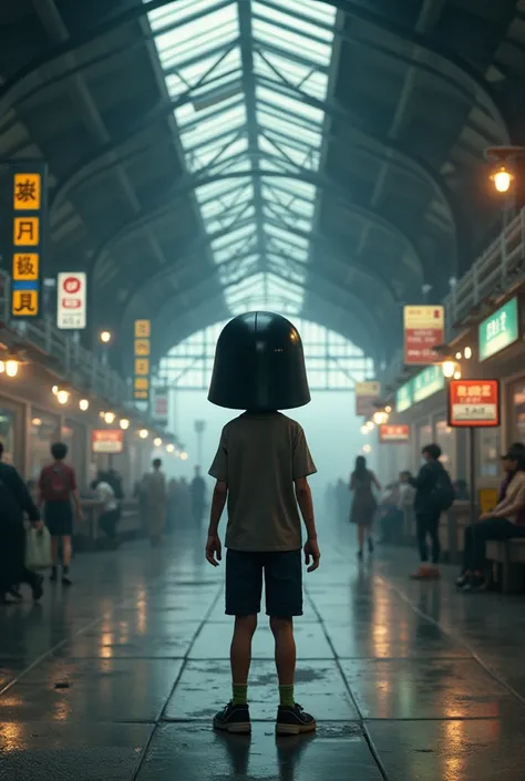 A young boy with a black vega helmet cant identify the face in a Railway station 