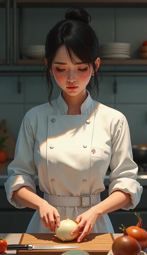 A female chef with little tears in his eyes cutting onion 