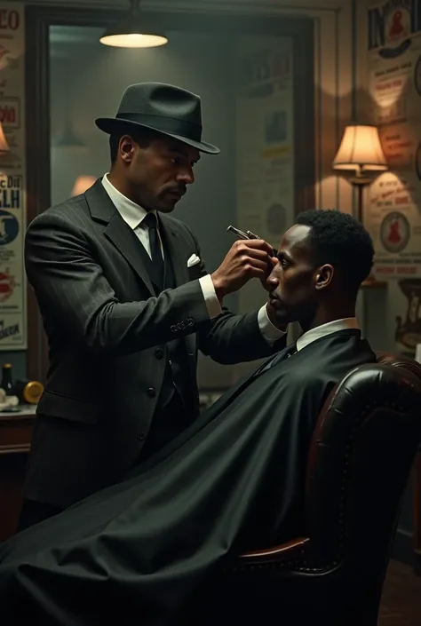 Thomas shelby wearing hat in barber,cutting black man hair
