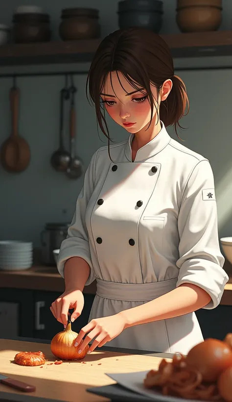 A female chef with little tears in his eyes cutting onion 