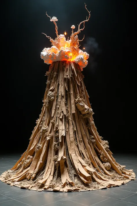 Create a 6-foot one dimensional cardboard erupting volcano prop for theatre that is made up of trash.