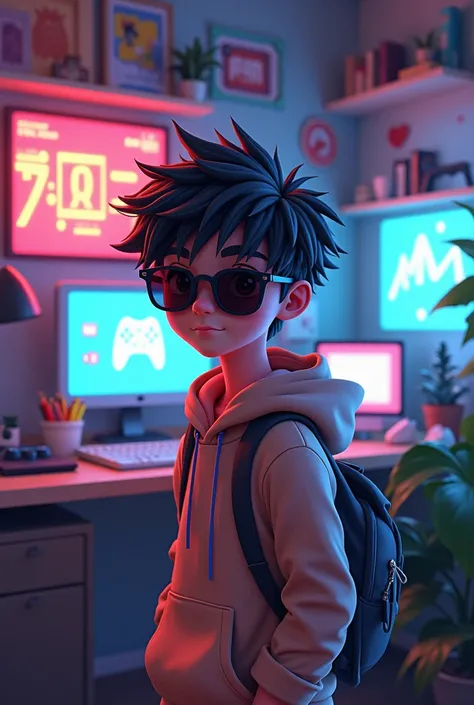 A smart  animated boy with age 15 wearing hoody and sunglasses Messy hair looks forwarded  little gaming shead 