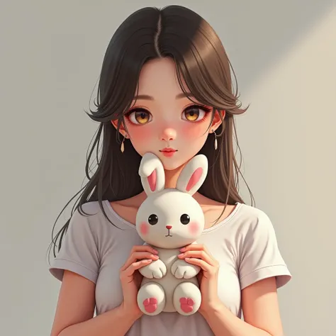 there is a woman holding a stuffed rabbit in her hands, a photorealistic painting, a character portrait, by Lü Ji, realistic cute girl painting, kawaii realistic portrait, realistic anime art style, realistic anime 3 d style, cgsociety 9